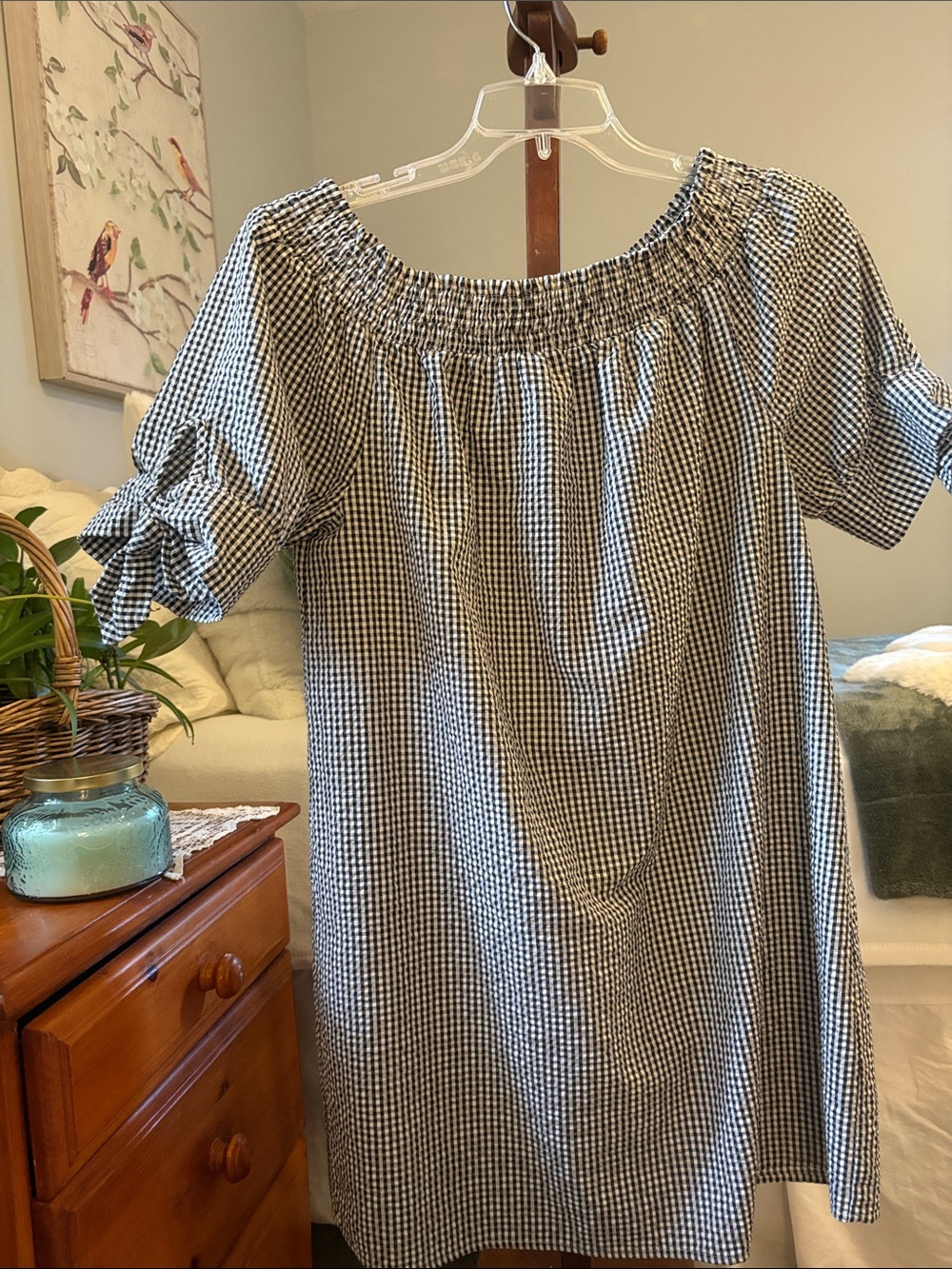 Tacera Black & White Gingham Off-Shoulder Mini Dress